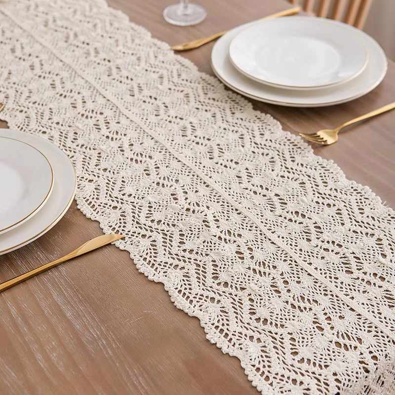 Crochet Lace Table Runner with Tassels — Cotton Boho Farmhouse Dining Decor