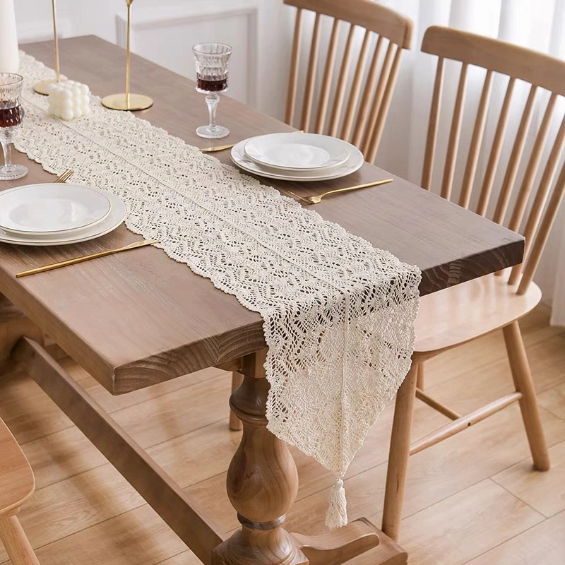 Crochet Lace Table Runner with Tassels — Cotton Boho Farmhouse Dining Decor