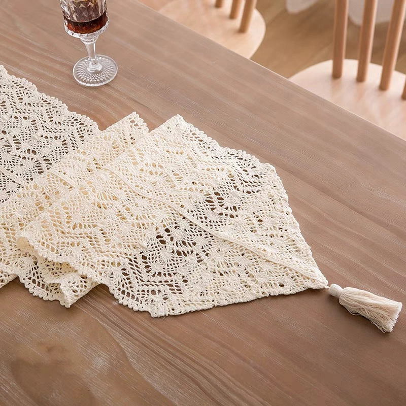 Crochet Lace Table Runner with Tassels — Cotton Boho Farmhouse Dining Decor
