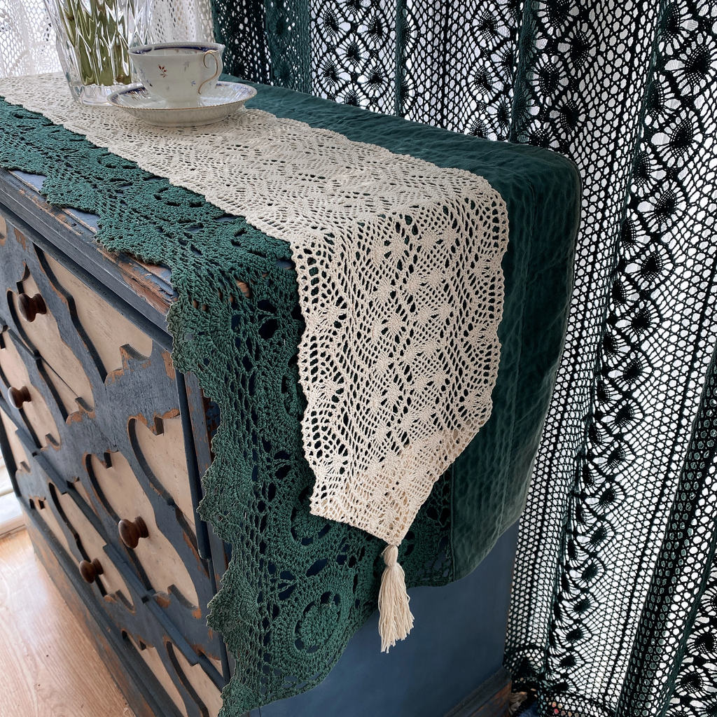 Crochet Lace Table Runner with Tassels — Cotton Boho Farmhouse Dining Decor