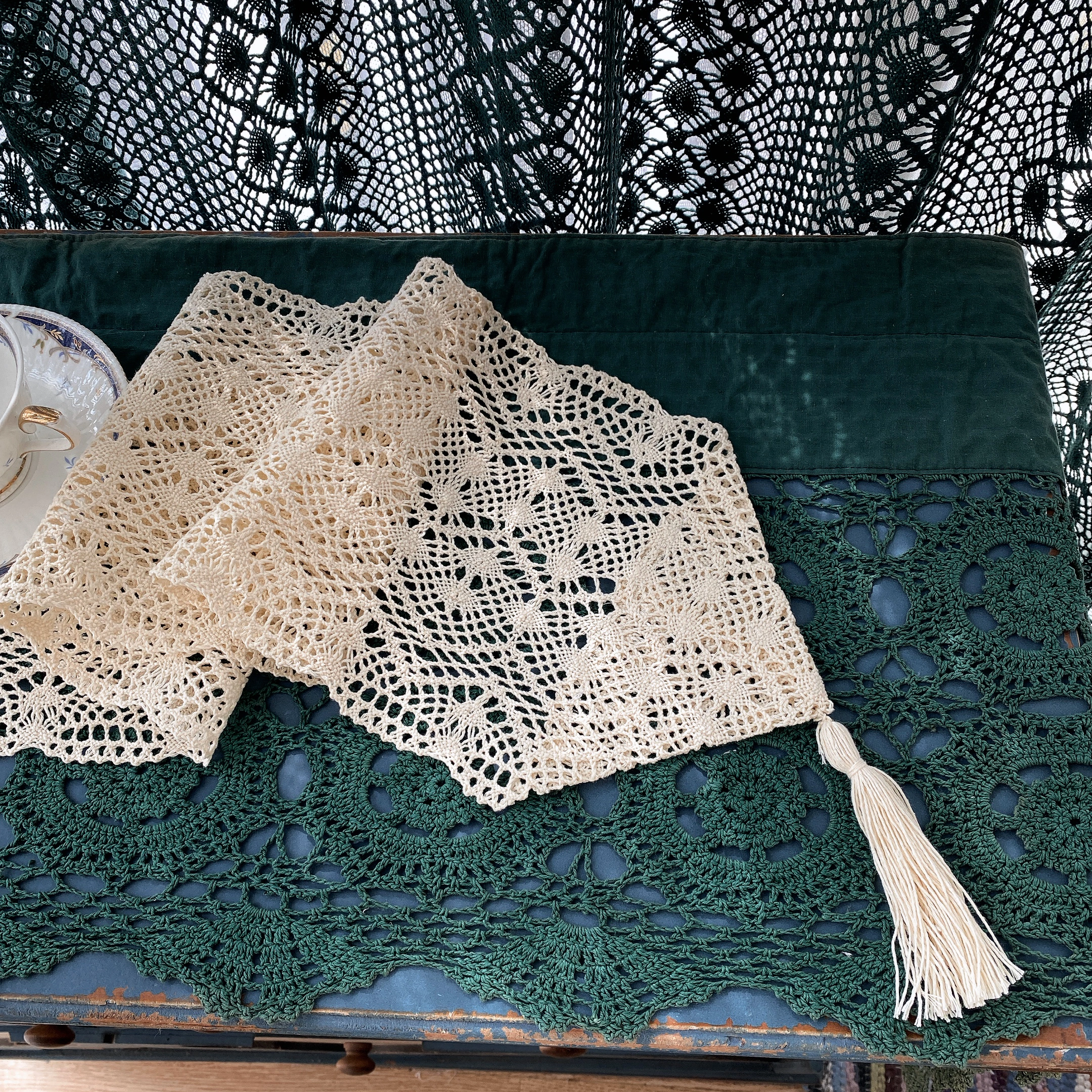 Crochet Lace Table Runner with Tassels — Cotton Boho Farmhouse Dining Decor