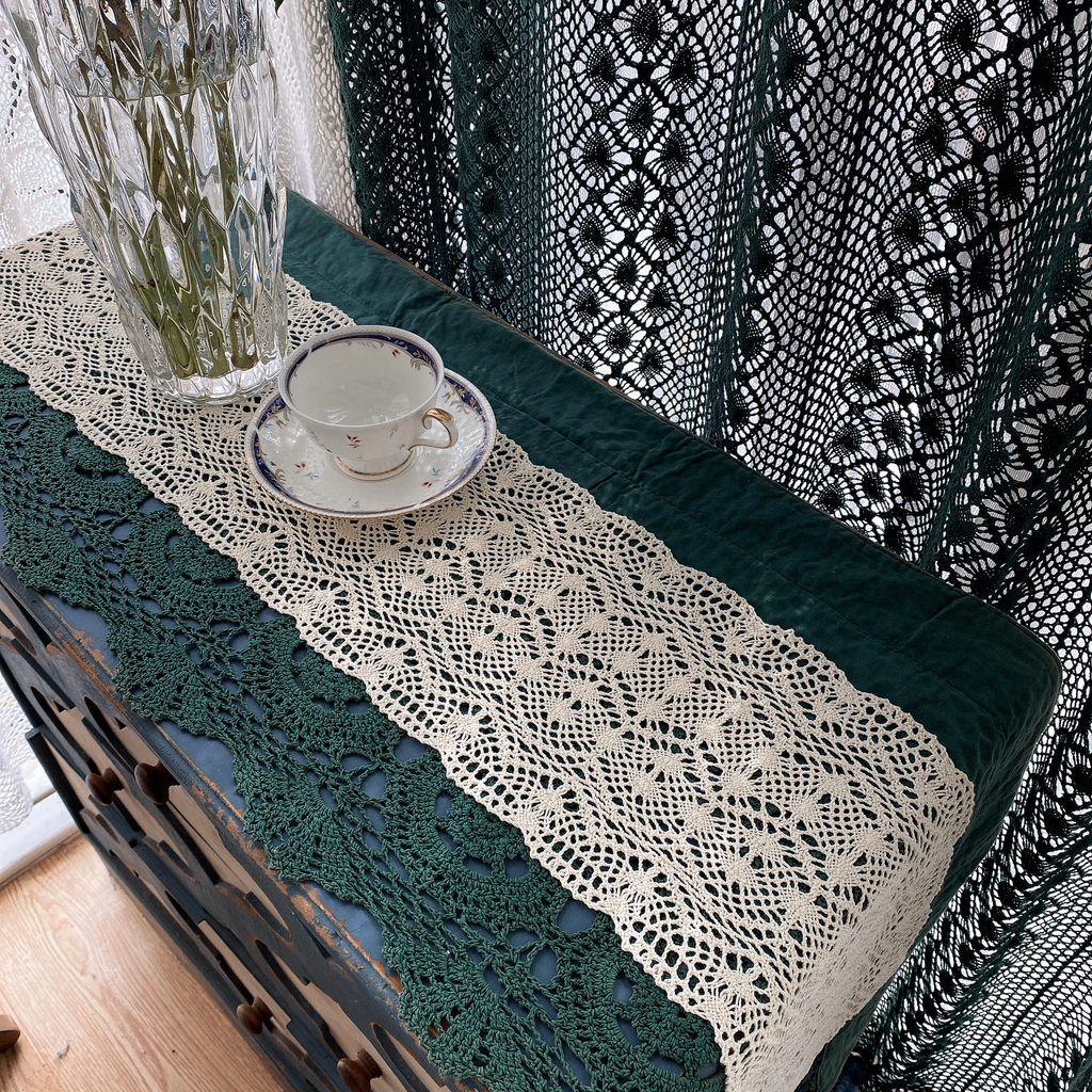 Crochet Lace Table Runner with Tassels — Cotton Boho Farmhouse Dining Decor
