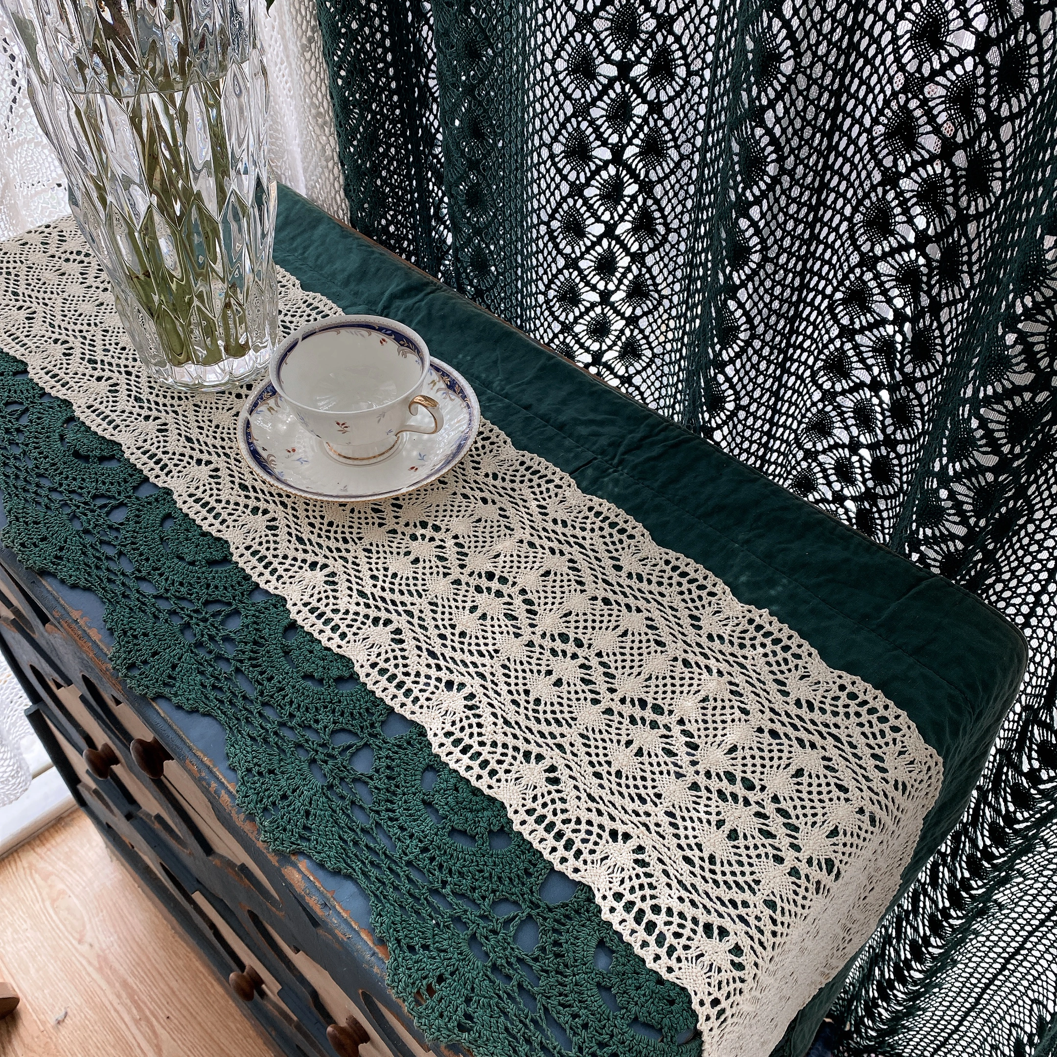 Crochet Lace Table Runner with Tassels — Cotton Boho Farmhouse Dining Decor
