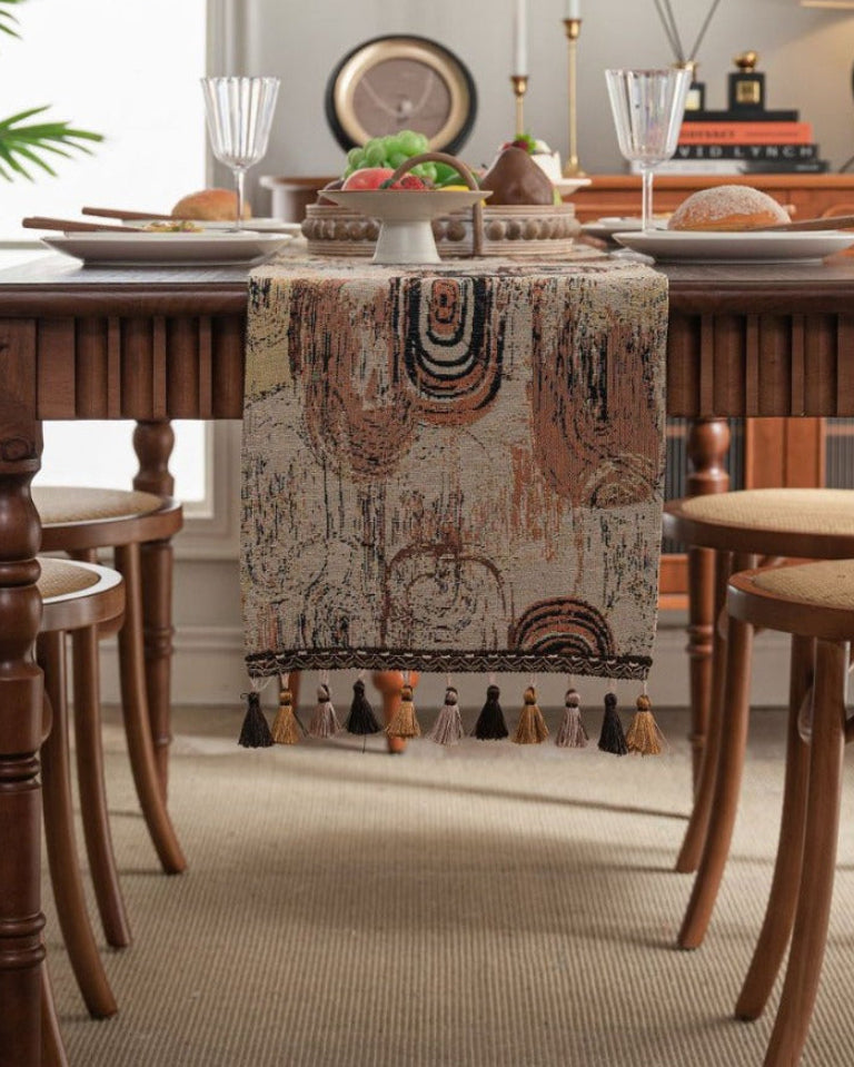 Abstract Swirl Table Runner with Tassels — Terracotta Boho Vintage Decor