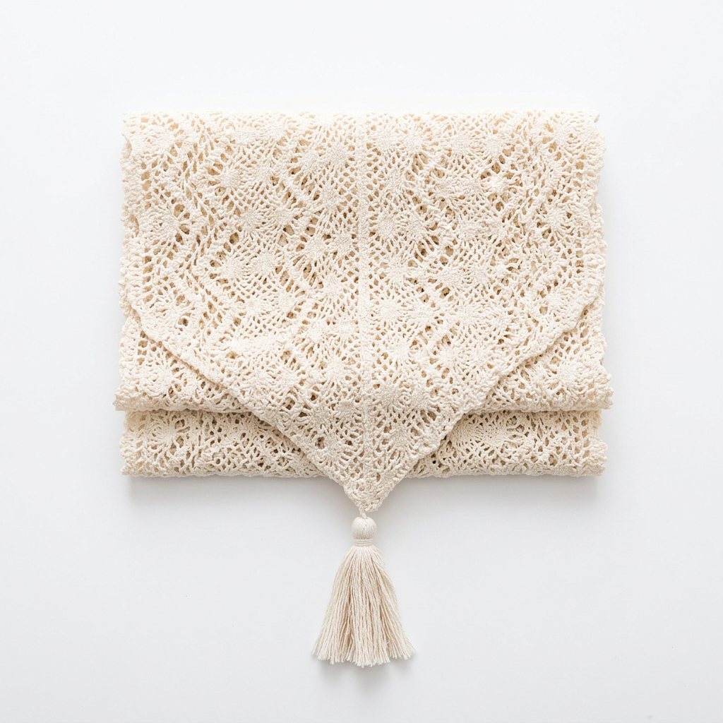 Crochet Lace Table Runner with Tassels — Cotton Boho Farmhouse Dining Decor