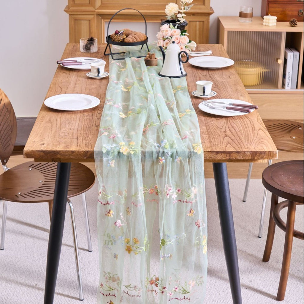 Sheer Floral Embroidered Table Runner — Romantic Wedding Party Decor