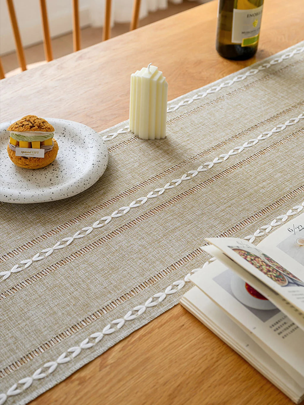 Woven Stripe Table Runner with Tassels — Linen-Texture Farmhouse Decor