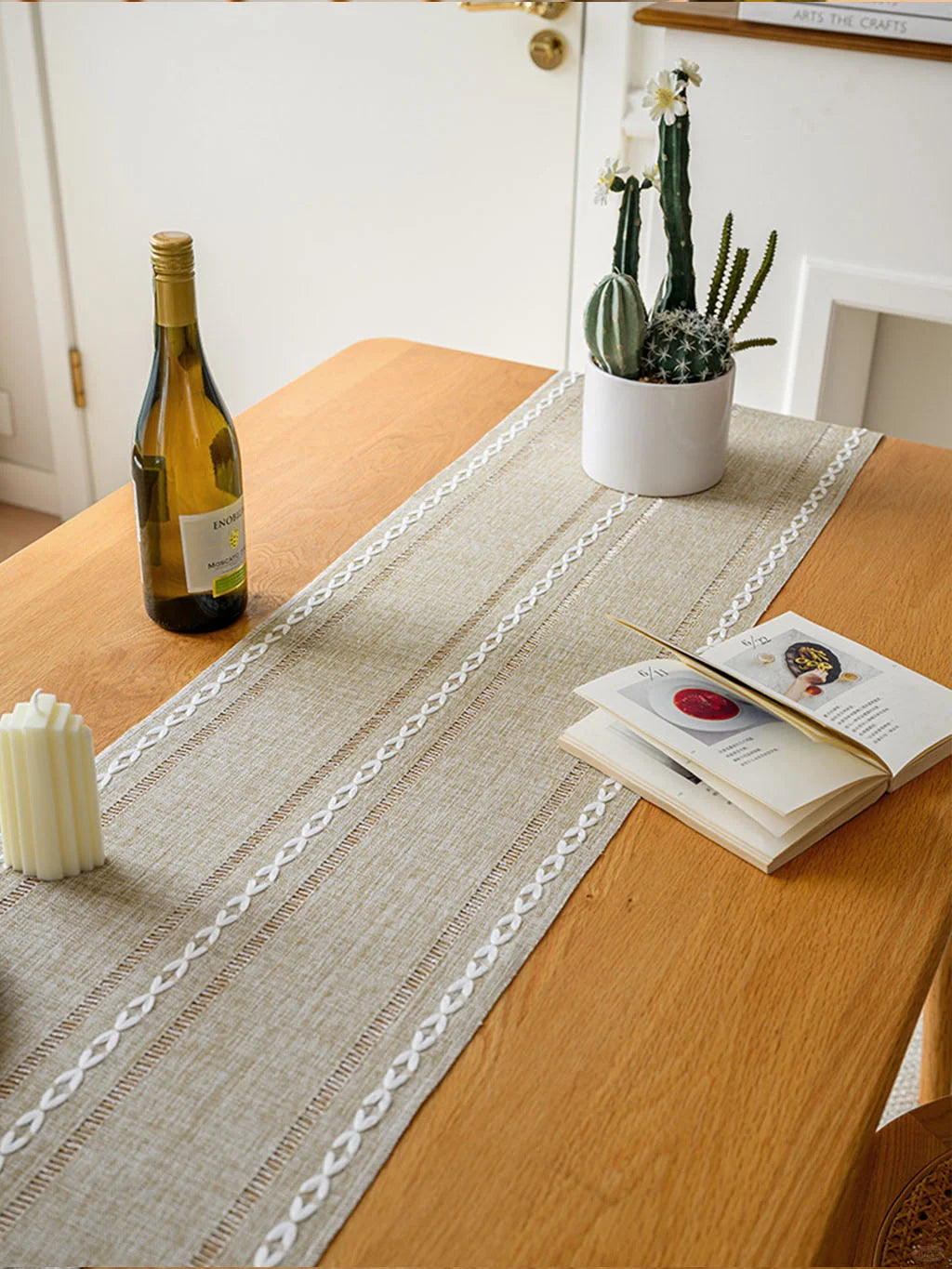 Woven Stripe Table Runner with Tassels — Linen-Texture Farmhouse Decor