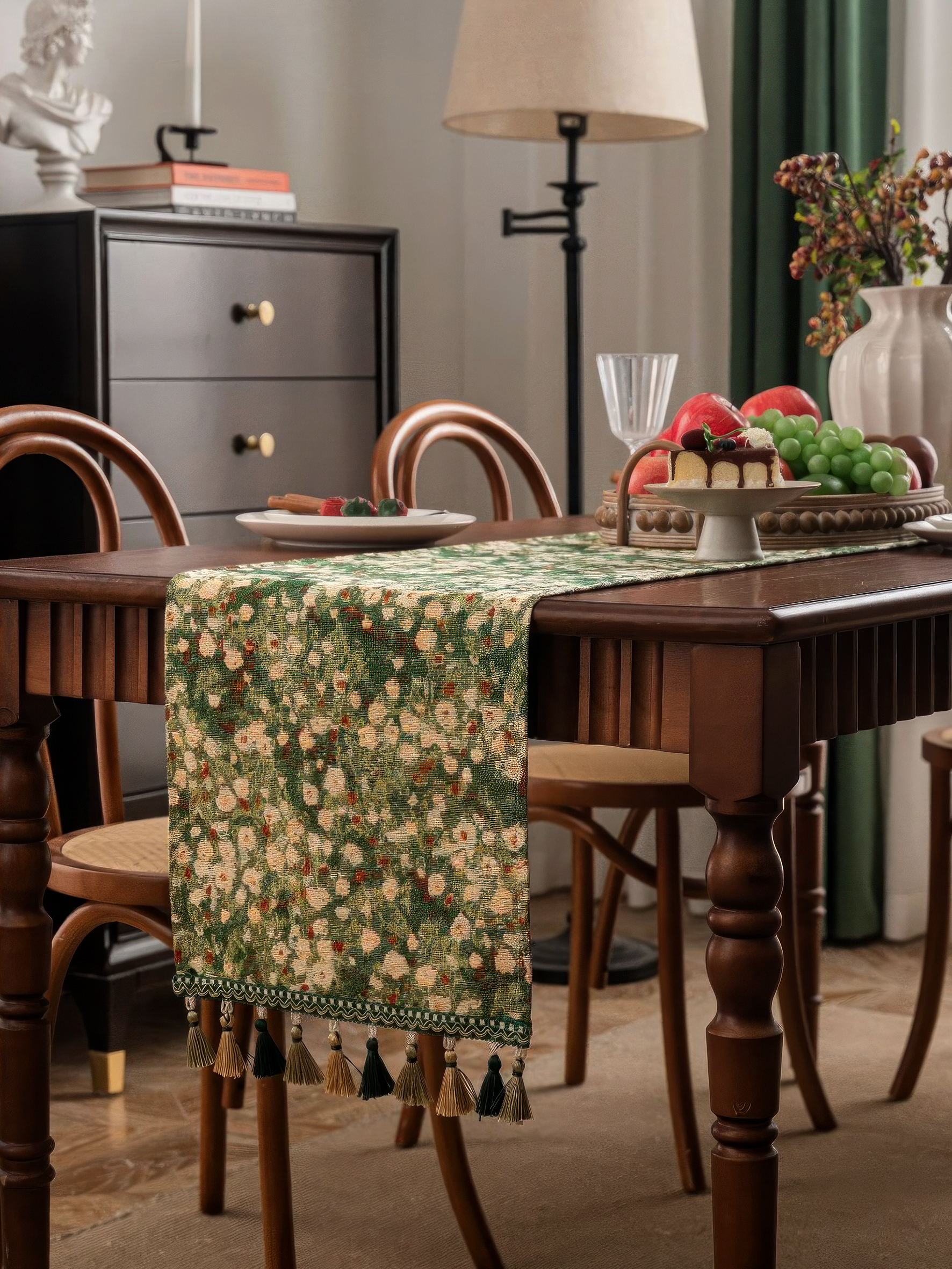 Vintage Floral Table Runner with Tassels — Green Botanical Boho Farmhouse Decor