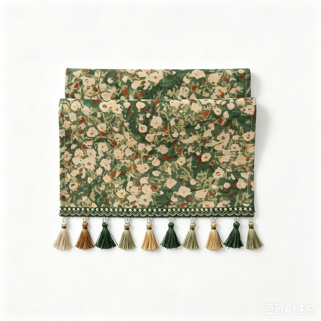 Vintage Floral Table Runner with Tassels — Green Botanical Boho Farmhouse Decor