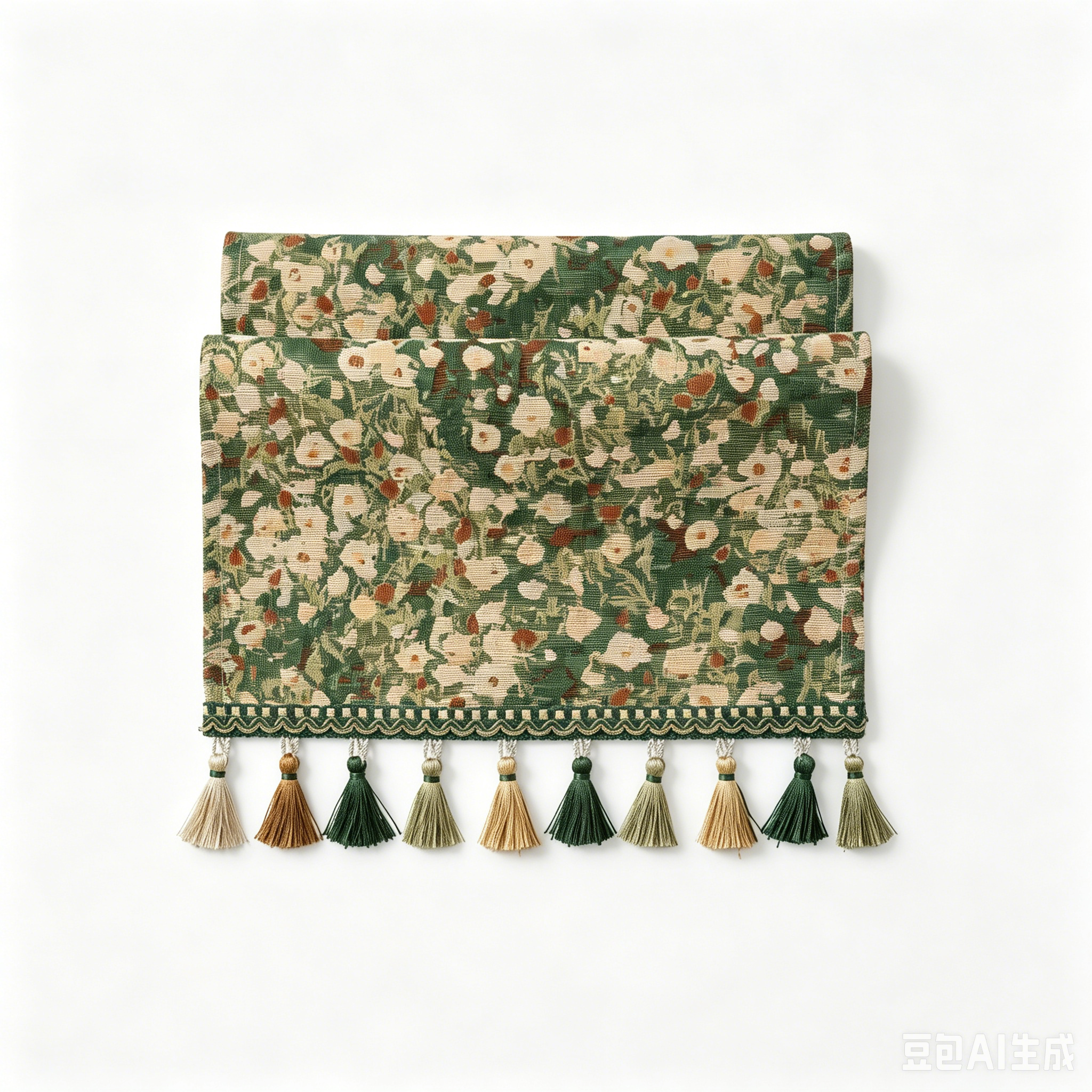 Vintage Floral Table Runner with Tassels — Green Botanical Boho Farmhouse Decor