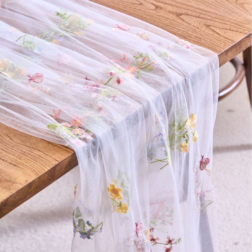 Sheer Floral Embroidered Table Runner — Romantic Wedding Party Decor