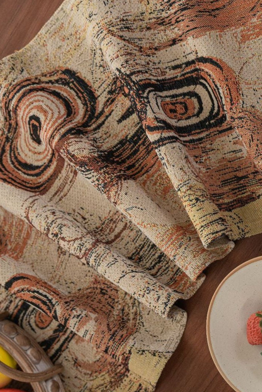 Abstract Swirl Table Runner with Tassels — Terracotta Boho Vintage Decor