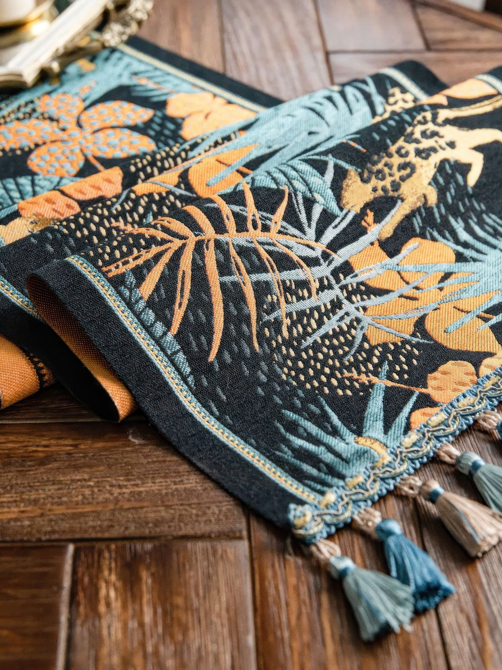 Tropical Jungle Table Runner with Tassels — Boho Leopard Palm Leaf Decor