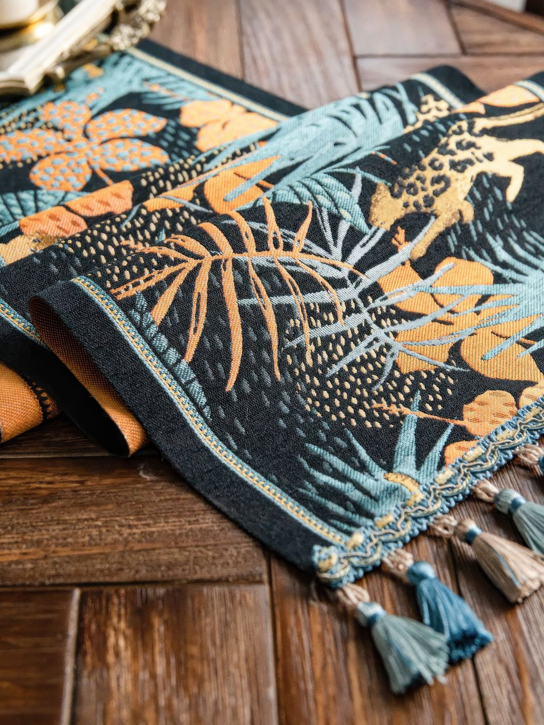 Tropical Jungle Table Runner with Tassels — Boho Leopard Palm Leaf Decor