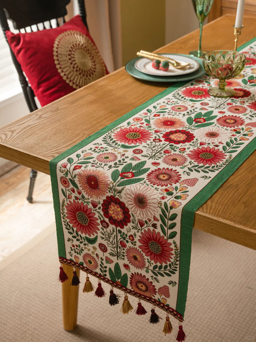 Red Floral Table Runner with Tassels — Sunflower Daisy Boho Farmhouse Decor