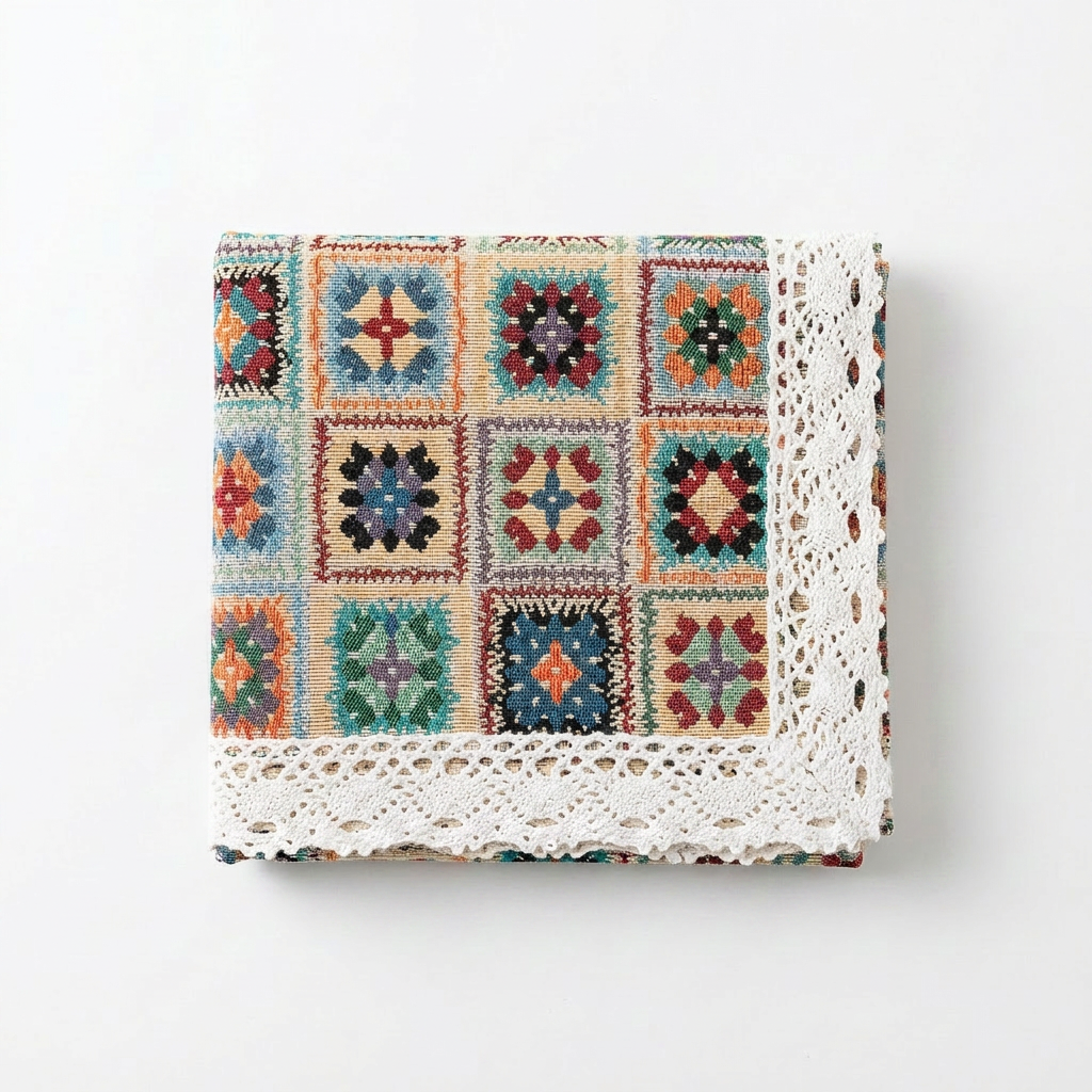 Bohemian Granny Square Table Runner with Lace Trim