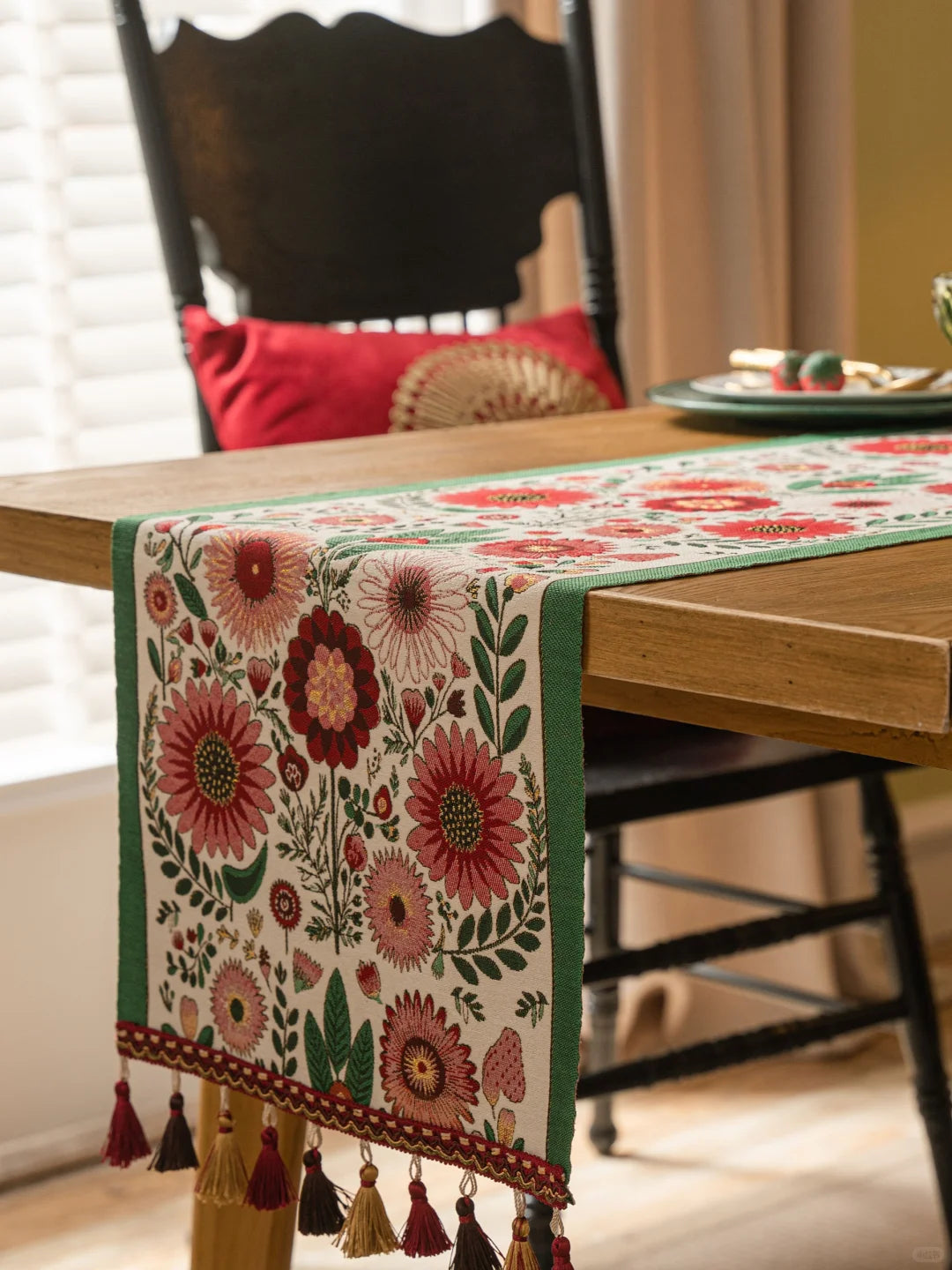 Red Floral Table Runner with Tassels — Sunflower Daisy Boho Farmhouse Decor