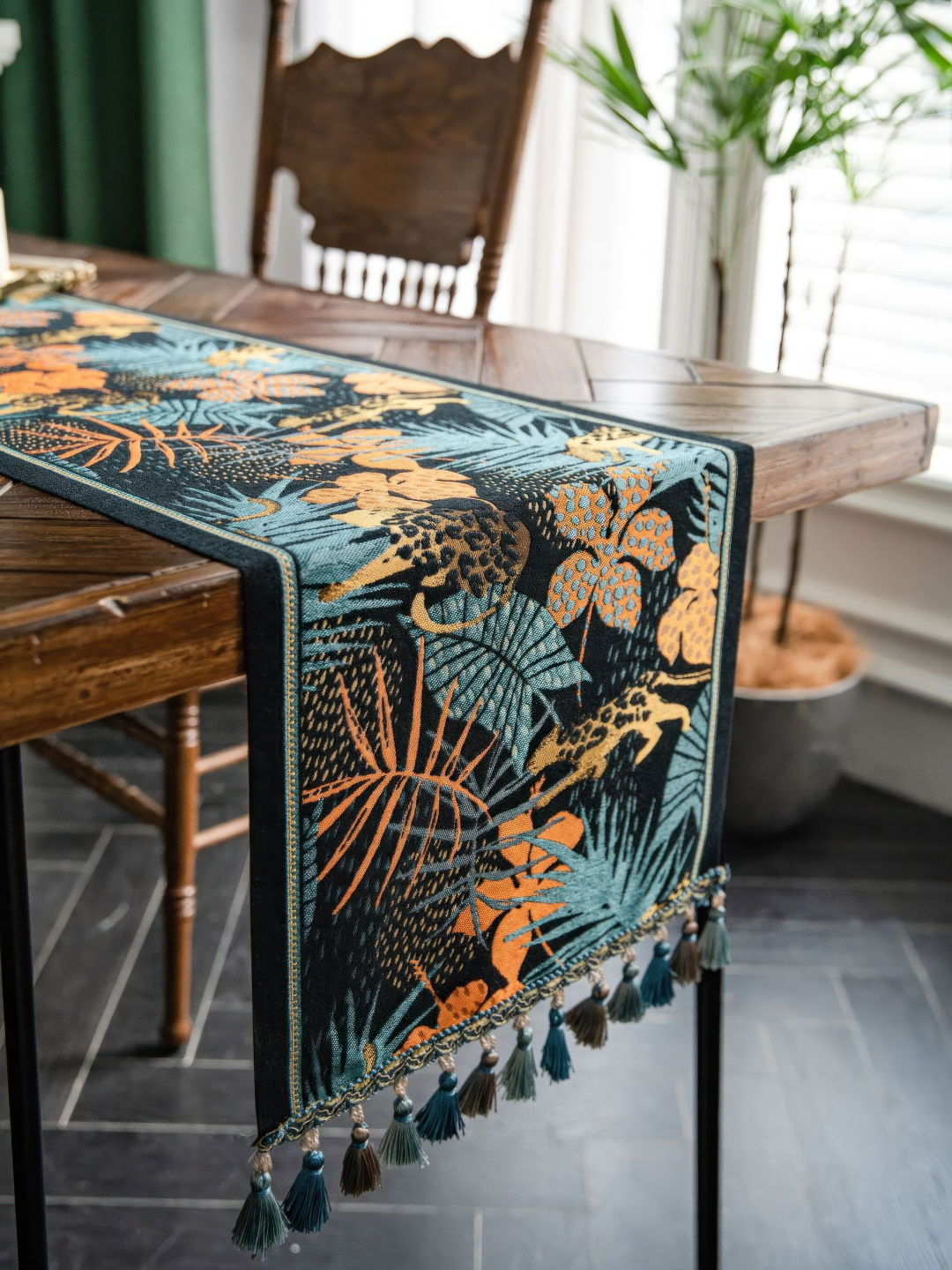 Tropical Jungle Table Runner with Tassels — Boho Leopard Palm Leaf Decor