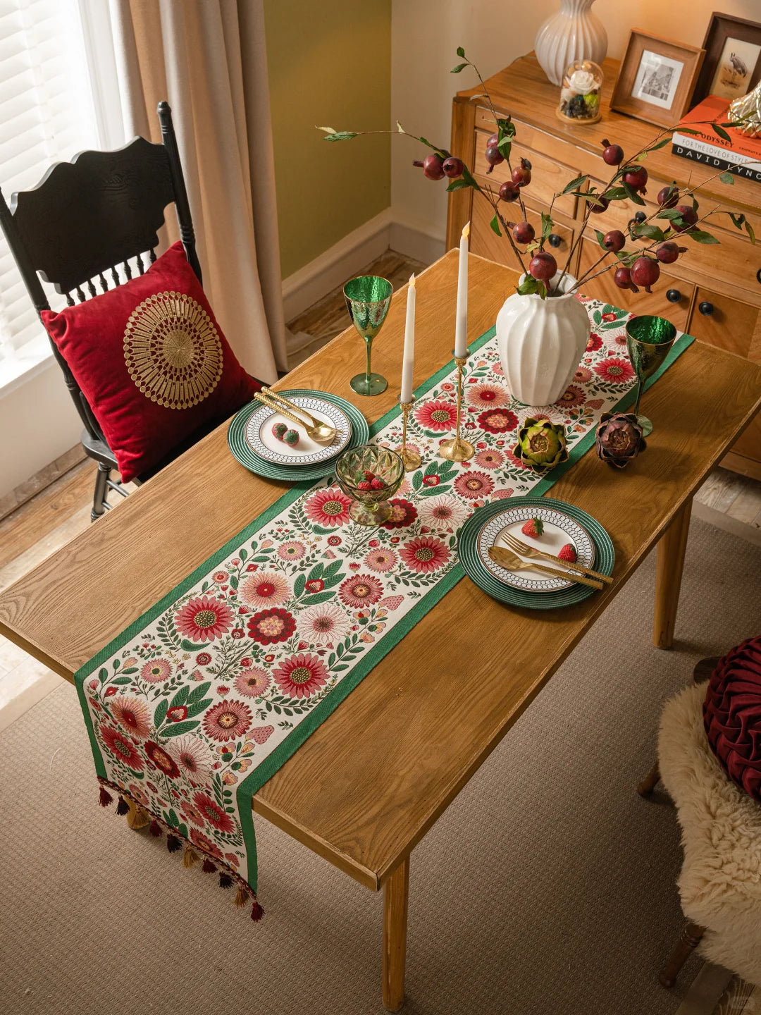 Red Floral Table Runner with Tassels — Sunflower Daisy Boho Farmhouse Decor