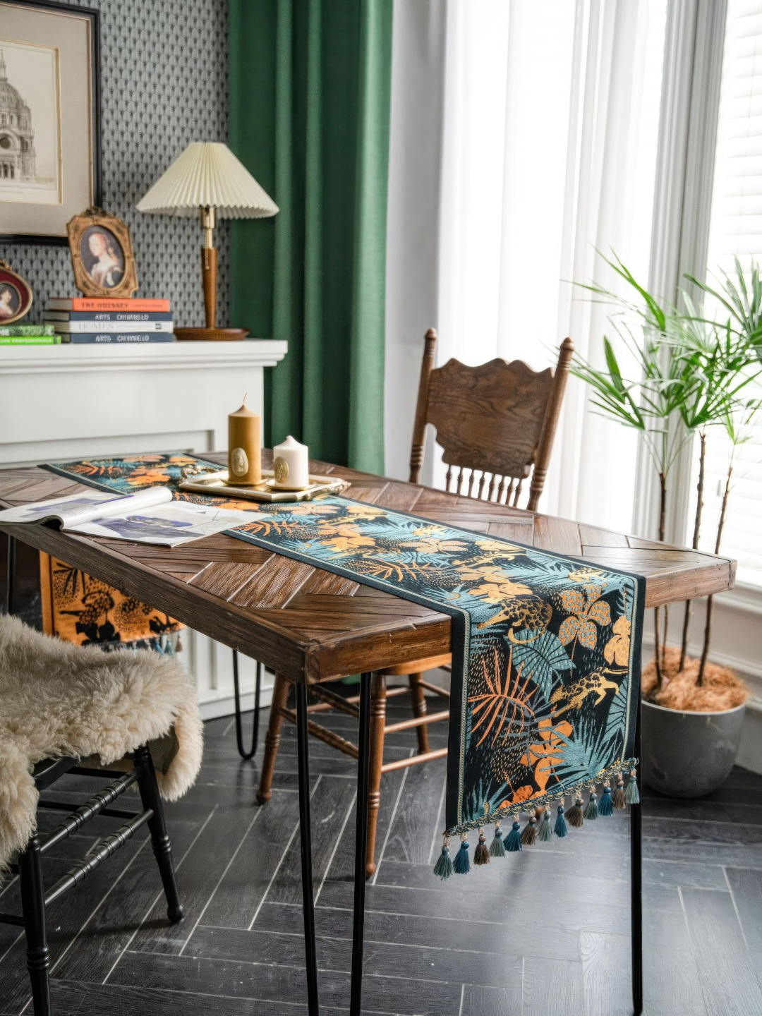 Tropical Jungle Table Runner with Tassels — Boho Leopard Palm Leaf Decor