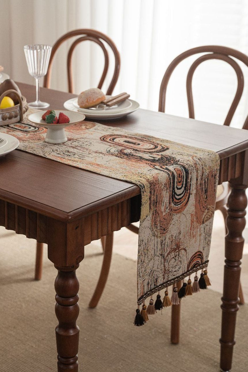 Abstract Swirl Table Runner with Tassels — Terracotta Boho Vintage Decor