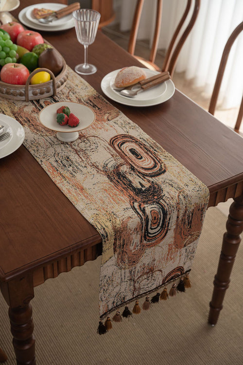 Abstract Swirl Table Runner with Tassels — Terracotta Boho Vintage Decor
