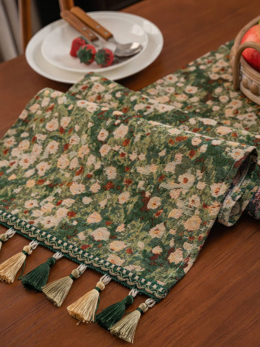 Vintage Floral Table Runner with Tassels — Green Botanical Boho Farmhouse Decor