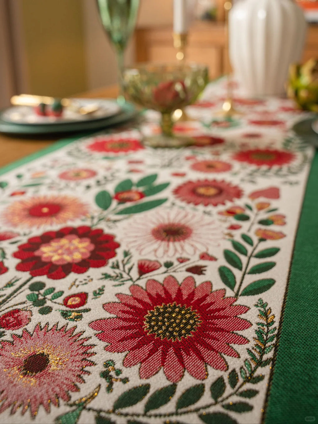 Red Floral Table Runner with Tassels — Sunflower Daisy Boho Farmhouse Decor