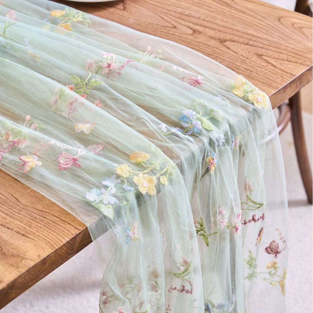 Sheer Floral Embroidered Table Runner — Romantic Wedding Party Decor