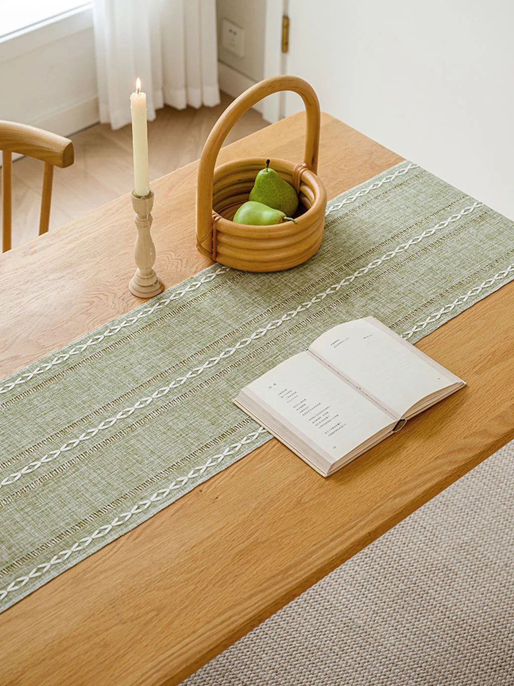 Woven Stripe Table Runner with Tassels — Linen-Texture Farmhouse Decor