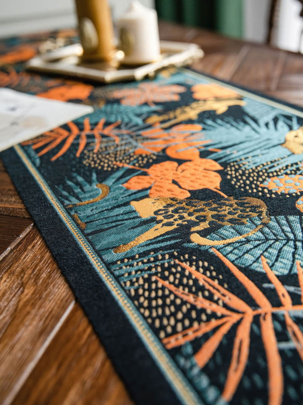 Tropical Jungle Table Runner with Tassels — Boho Leopard Palm Leaf Decor