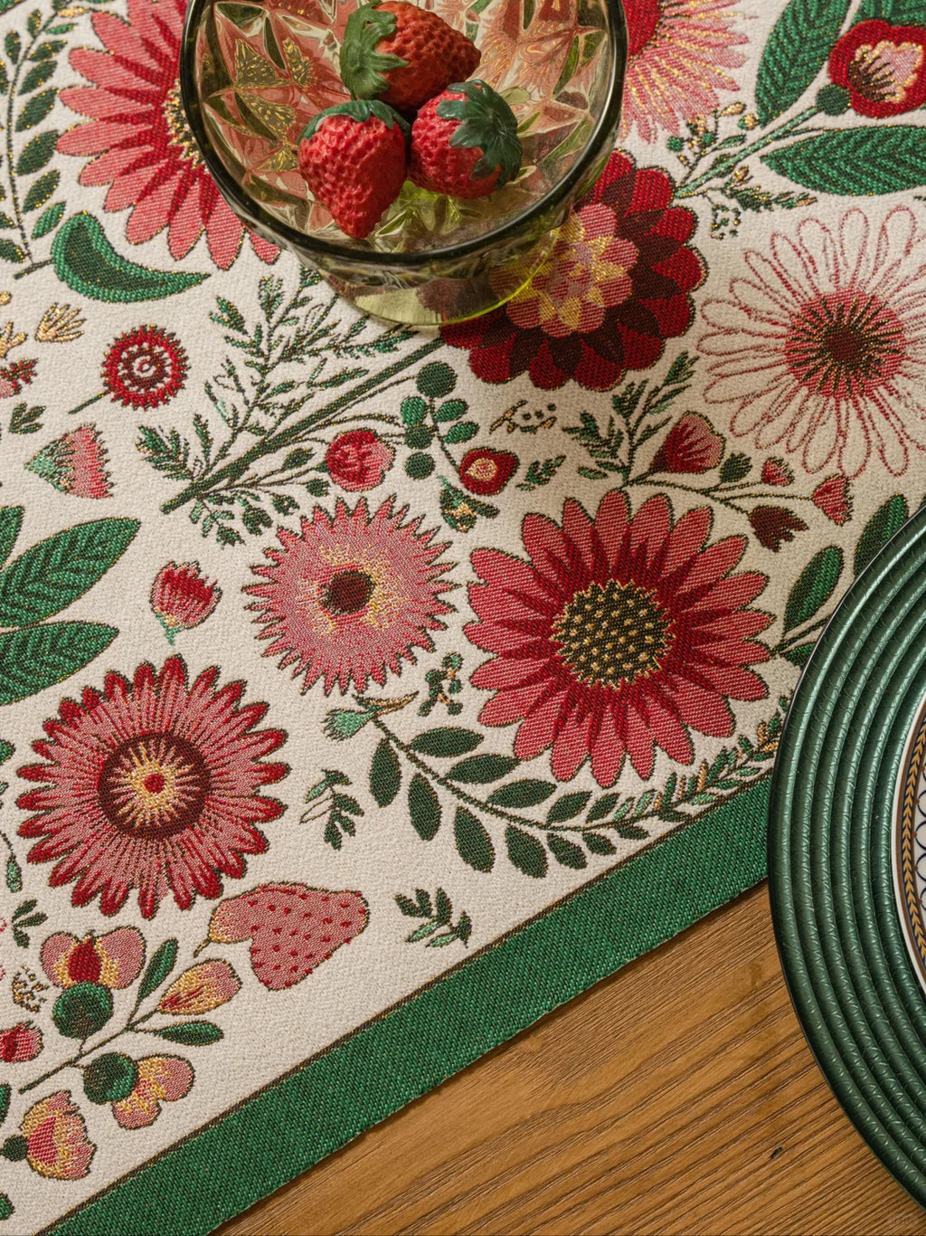 Red Floral Table Runner with Tassels — Sunflower Daisy Boho Farmhouse Decor