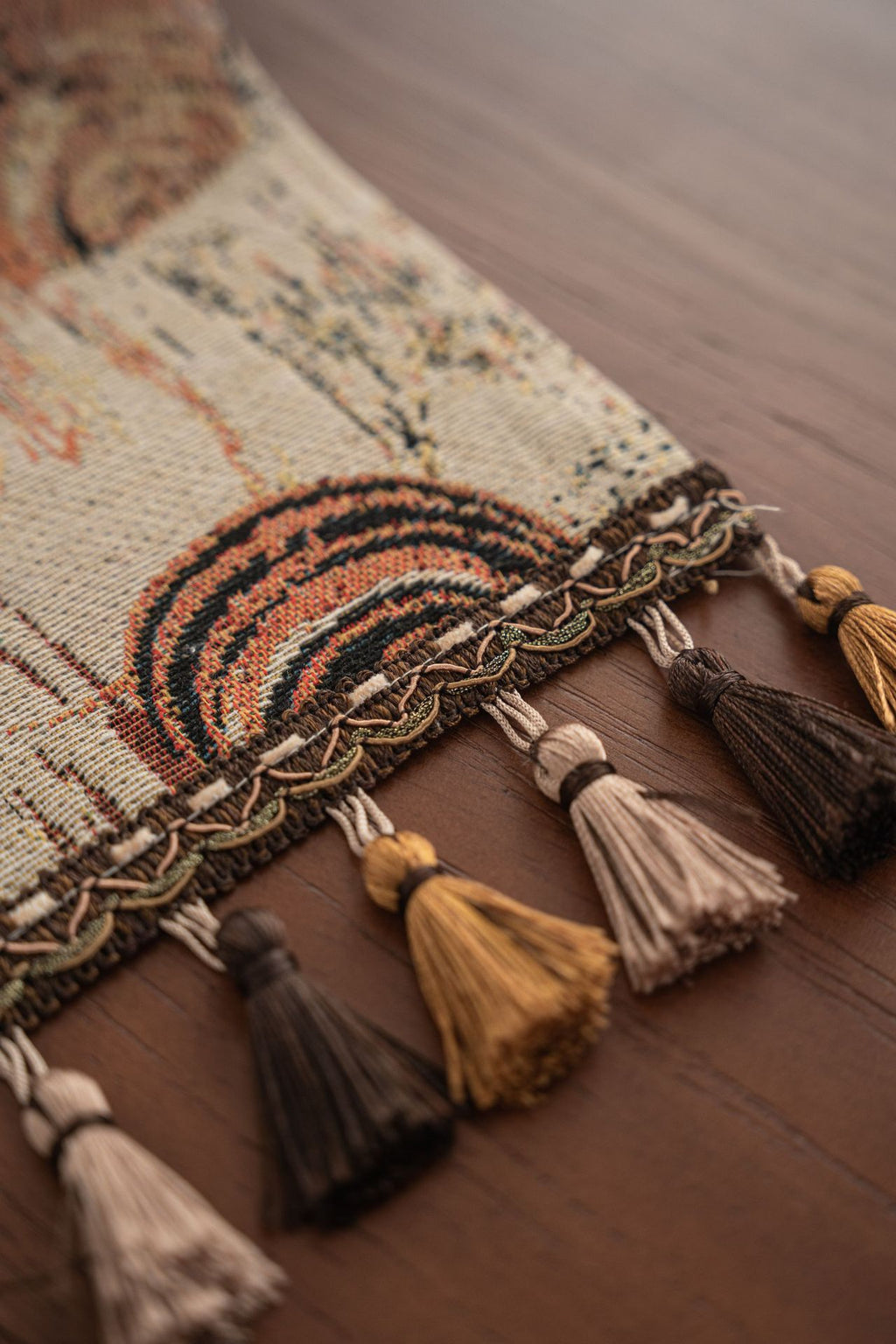 Abstract Swirl Table Runner with Tassels — Terracotta Boho Vintage Decor