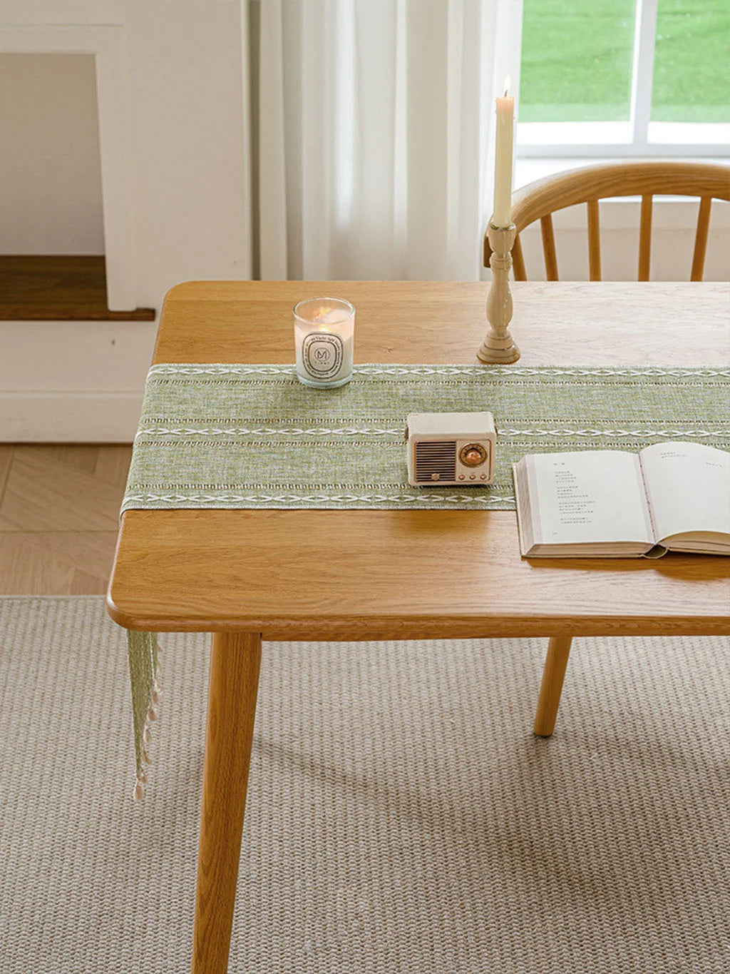 Woven Stripe Table Runner with Tassels — Linen-Texture Farmhouse Decor