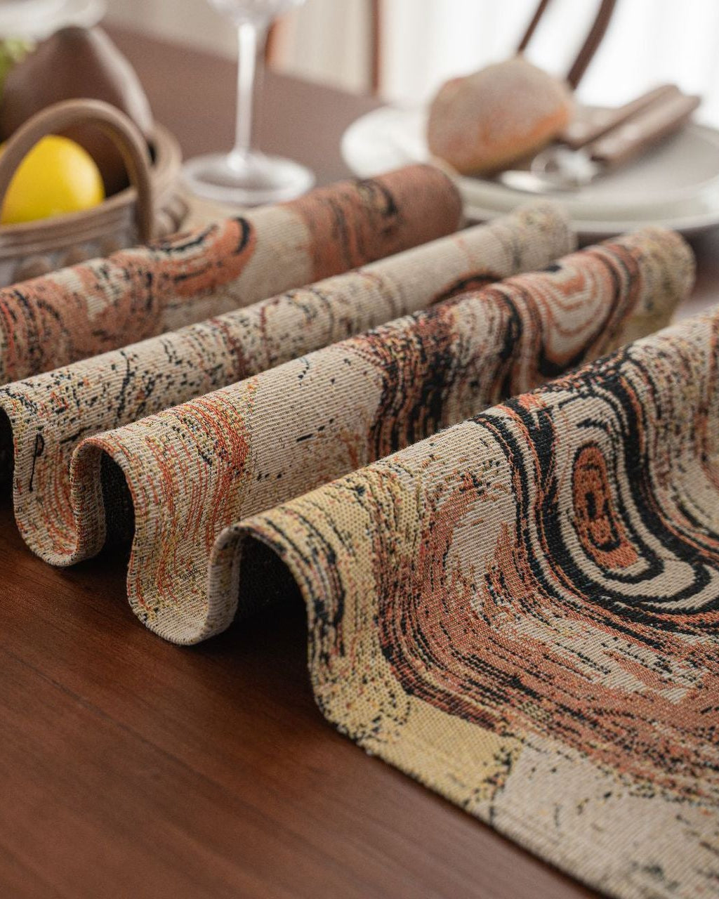 Abstract Swirl Table Runner with Tassels — Terracotta Boho Vintage Decor