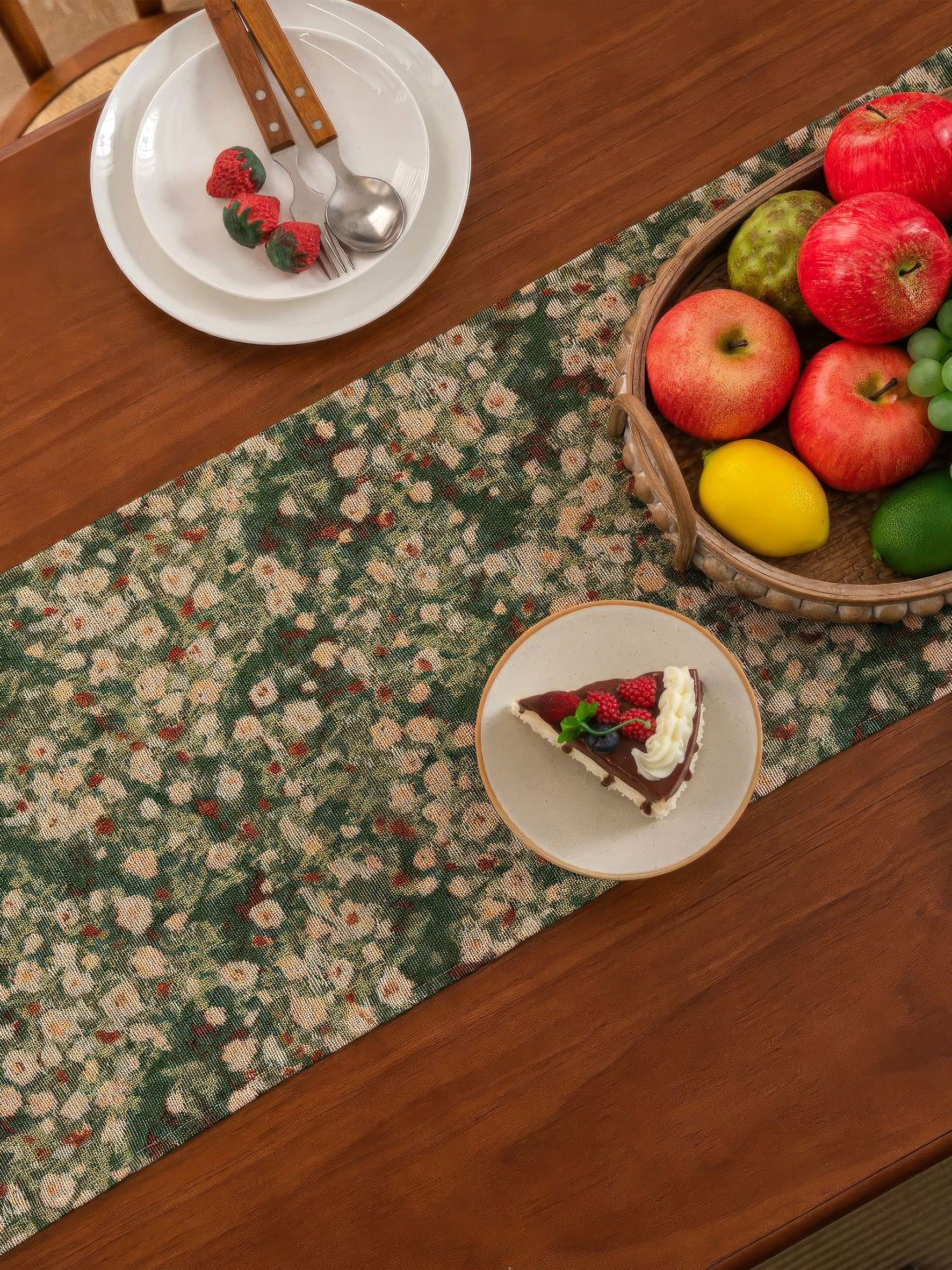 Vintage Floral Table Runner with Tassels — Green Botanical Boho Farmhouse Decor