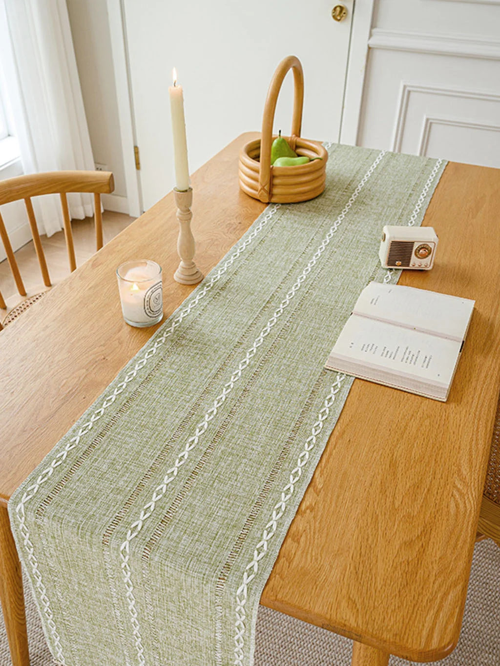Woven Stripe Table Runner with Tassels — Linen-Texture Farmhouse Decor