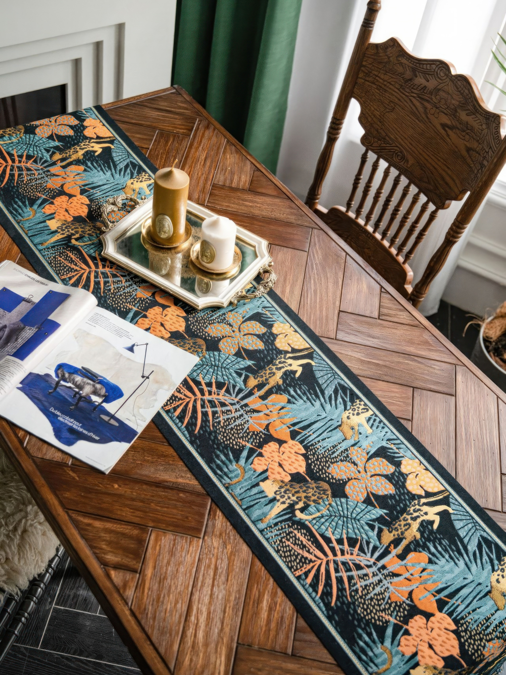 Tropical Jungle Table Runner with Tassels — Boho Leopard Palm Leaf Decor
