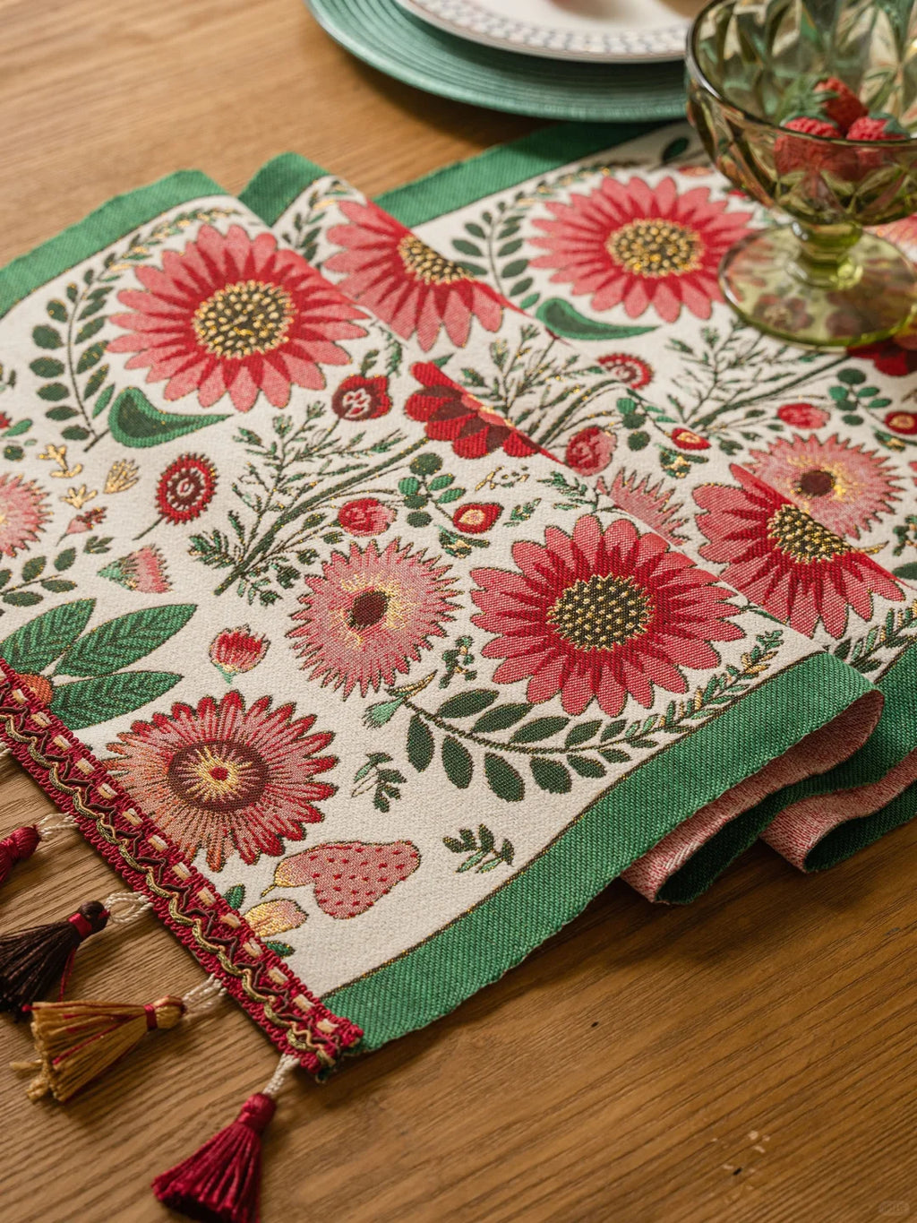 Red Floral Table Runner with Tassels — Sunflower Daisy Boho Farmhouse Decor