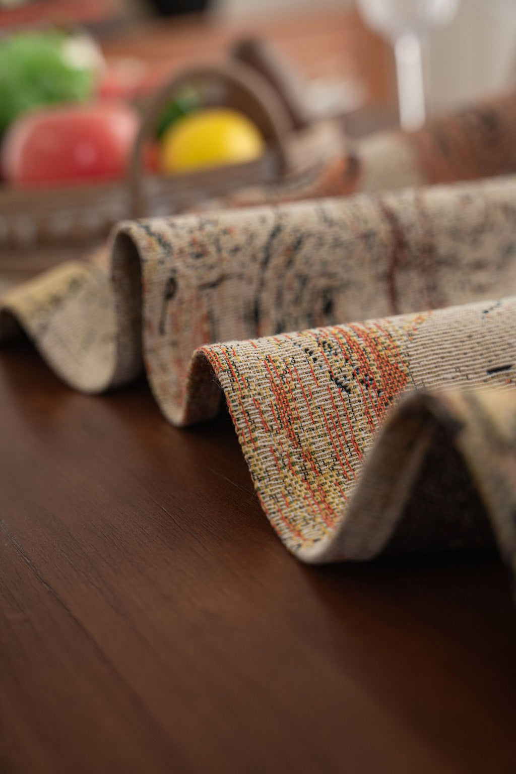 Abstract Swirl Table Runner with Tassels — Terracotta Boho Vintage Decor