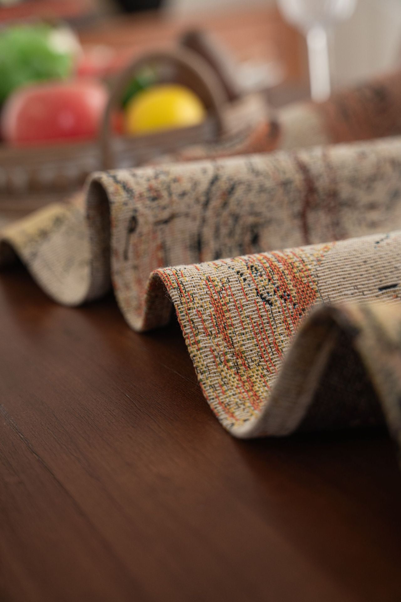 Abstract Swirl Table Runner with Tassels — Terracotta Boho Vintage Decor
