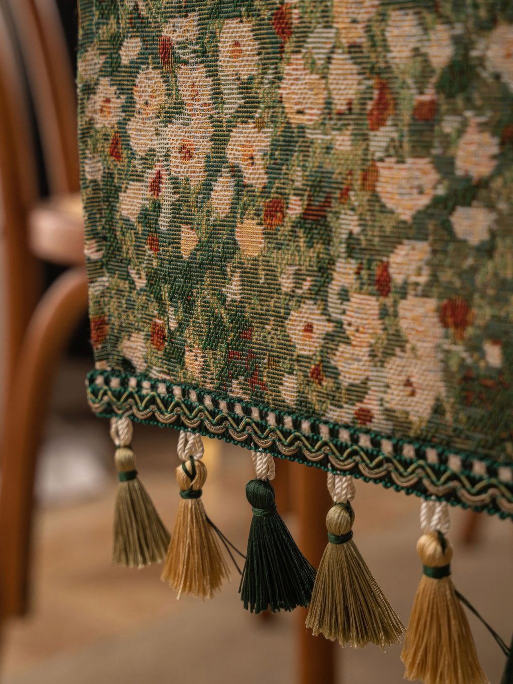 Vintage Floral Table Runner with Tassels — Green Botanical Boho Farmhouse Decor