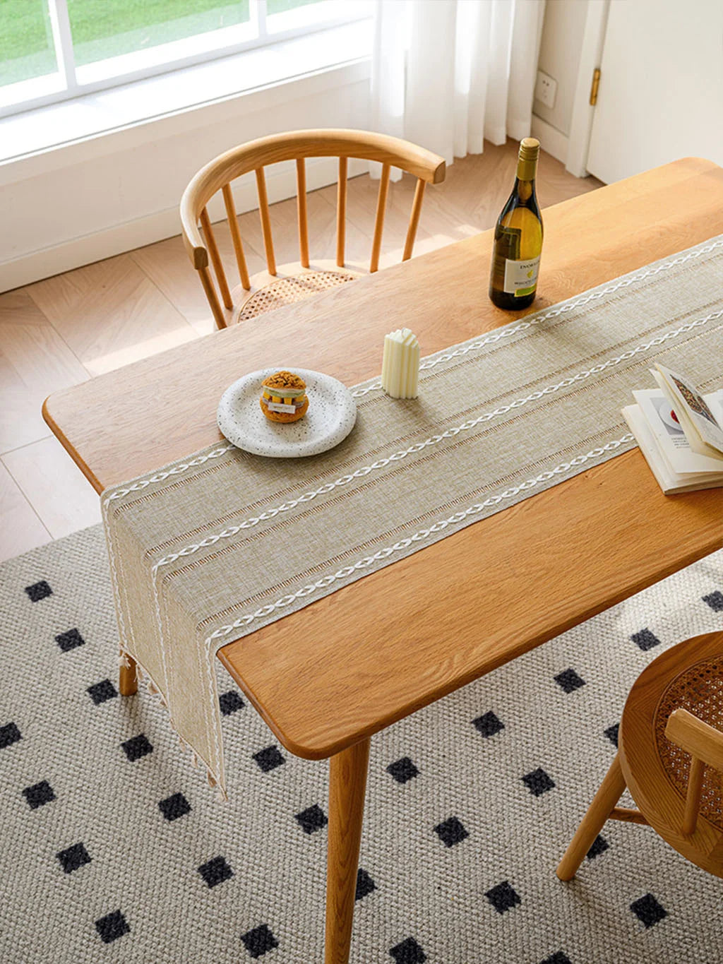 Woven Stripe Table Runner with Tassels — Linen-Texture Farmhouse Decor