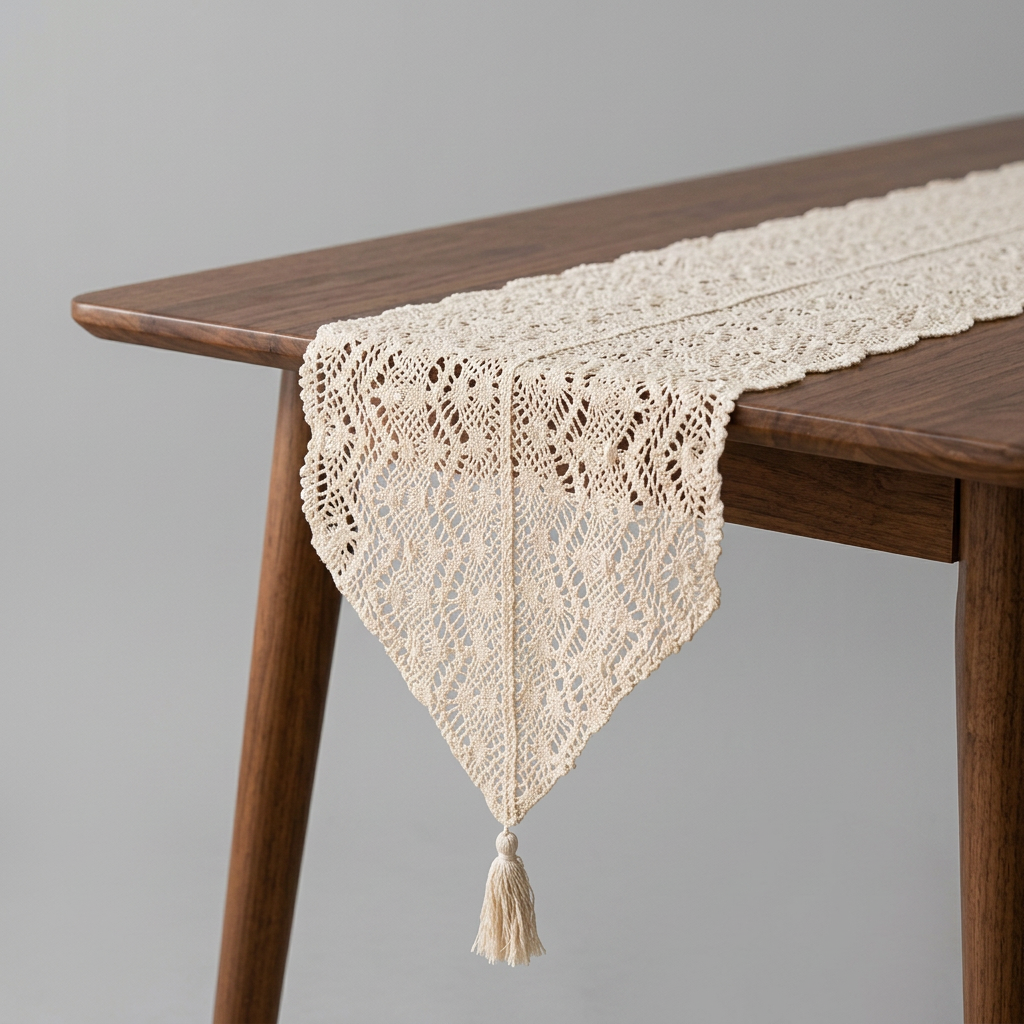 Crochet Lace Table Runner with Tassels — Cotton Boho Farmhouse Dining Decor
