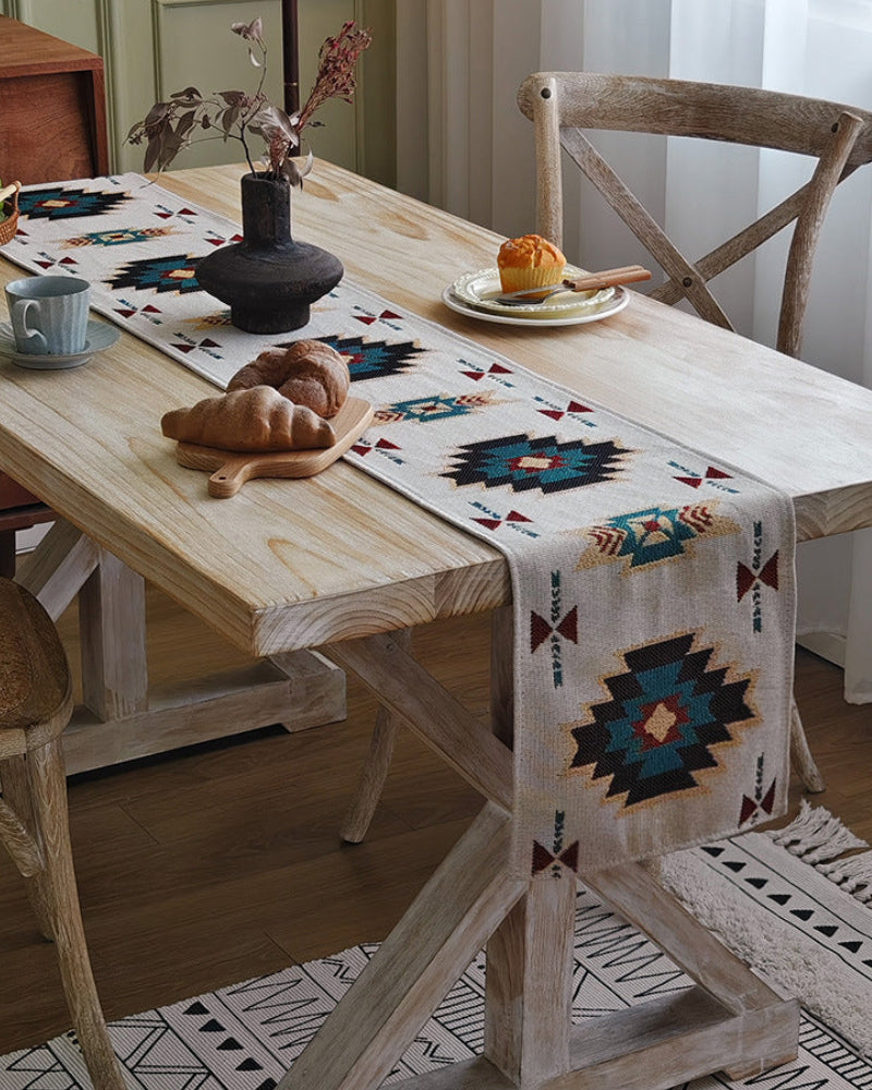Boho Geometric Table Runner with Fringe — Tribal Aztec Nordic Folk Decor