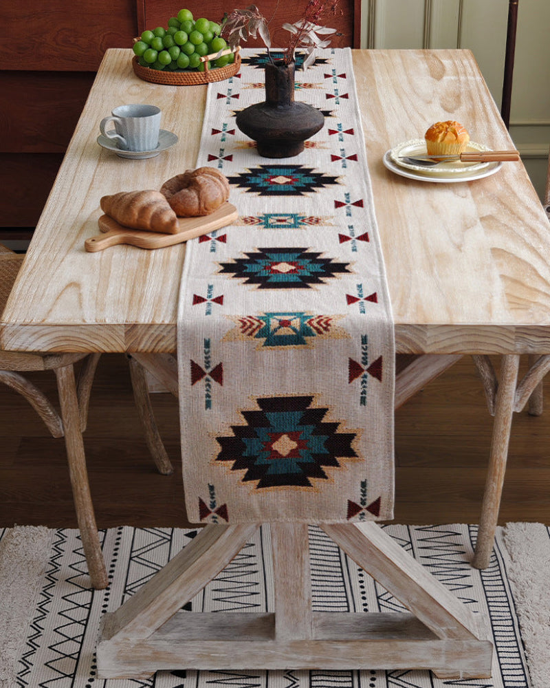 Boho Geometric Table Runner with Fringe — Tribal Aztec Nordic Folk Decor