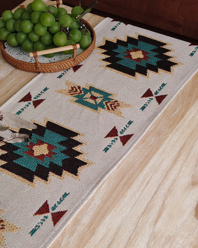 Boho Geometric Table Runner with Fringe — Tribal Aztec Nordic Folk Decor