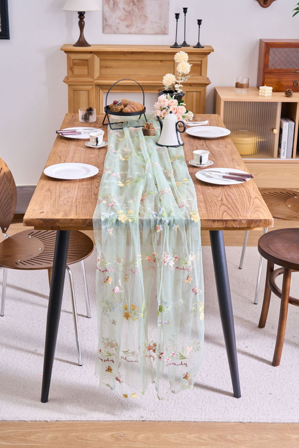 Sheer Floral Embroidered Table Runner — Romantic Wedding Party Decor
