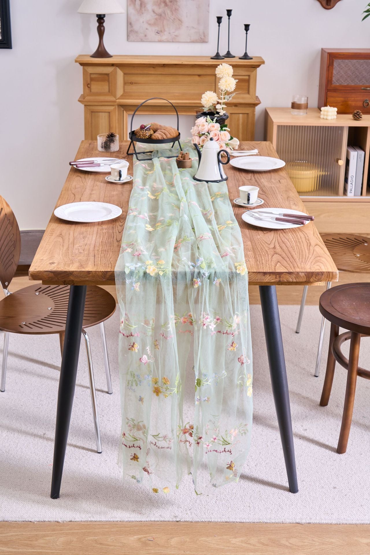 Sheer Floral Embroidered Table Runner — Romantic Wedding Party Decor